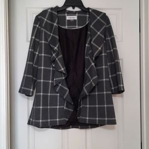 Calvin Klein Size 4 Gray Plaid Open Ruffle Lined Heavy Blazer Jacket